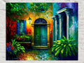The image is a vibrant and colorful painting depicting a charming, old-fashioned house with a green door, arched windows, and a balcony. The house is surrounded by lush greenery, including potted plants and flowers, creating a serene and inviting atmosphere. The painting showcases the beauty of the house and its surroundings, with the use of bright colors and detailed brushstrokes bringing the scene to life.