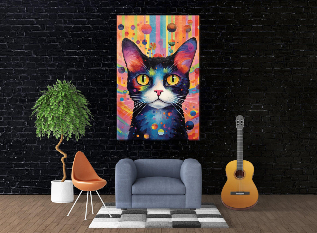 Cat Canvas Wall Art – Large Whimsical Kitten Painting | Colorful Cat Artwork