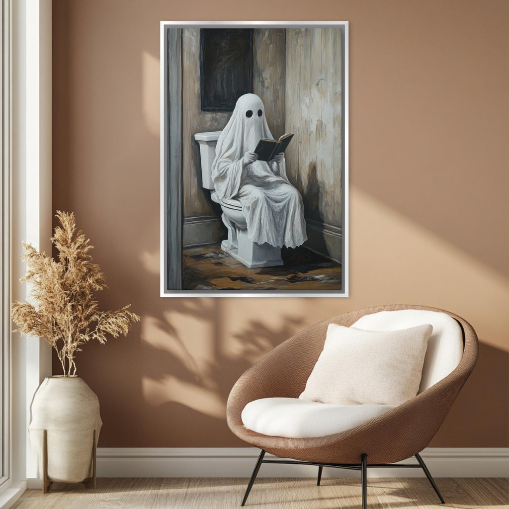Funny Bathroom Art - Ghost Reading Toilet | Extra Large Wall Art, Gallery Wrapped Print