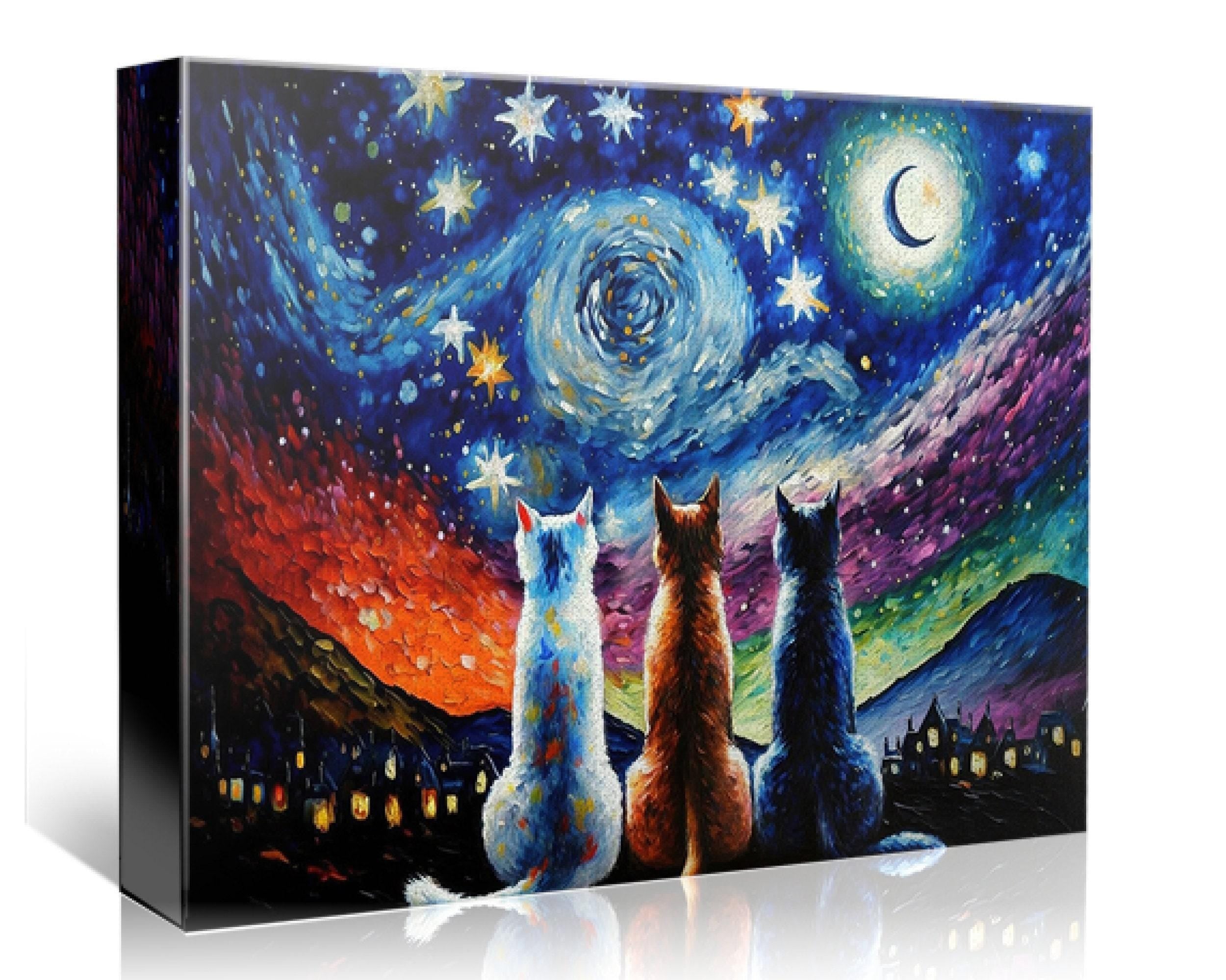 three cats sitting together under a starry night sky, with a crescent moon and a swirling galaxy in the background.