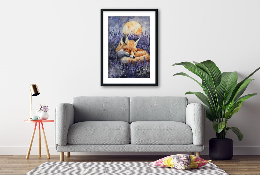 a gray sofa, a framed painting of a fox in a field, a lamp, a plant, and a rug on a wooden floor.