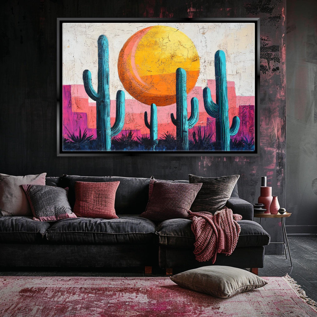 a living room with a couch and a painting on the wall