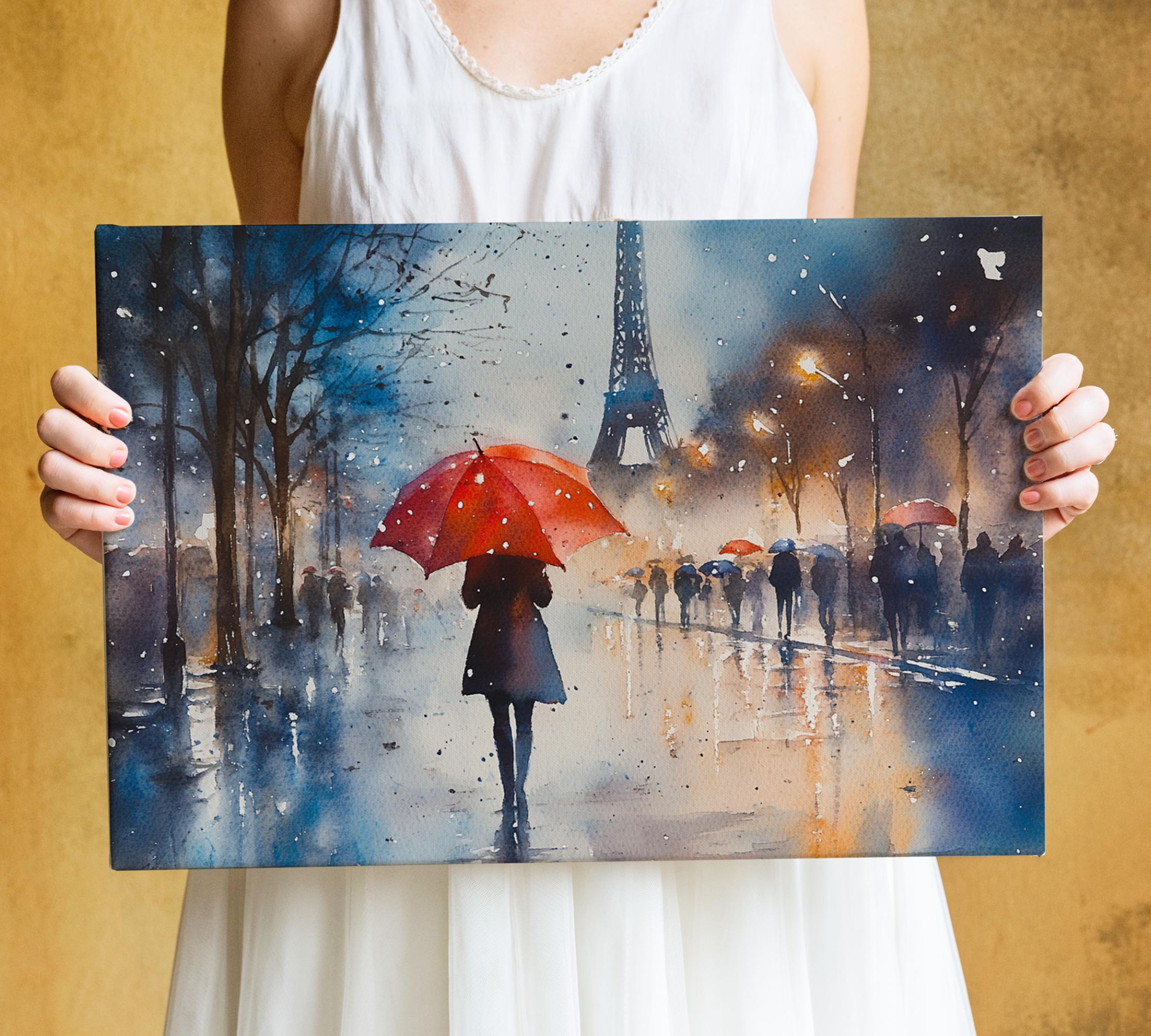 A woman holds a watercolor painting depicting a rainy street scene with a lone figure walking under a red umbrella, with the Eiffel Tower visible in the background.