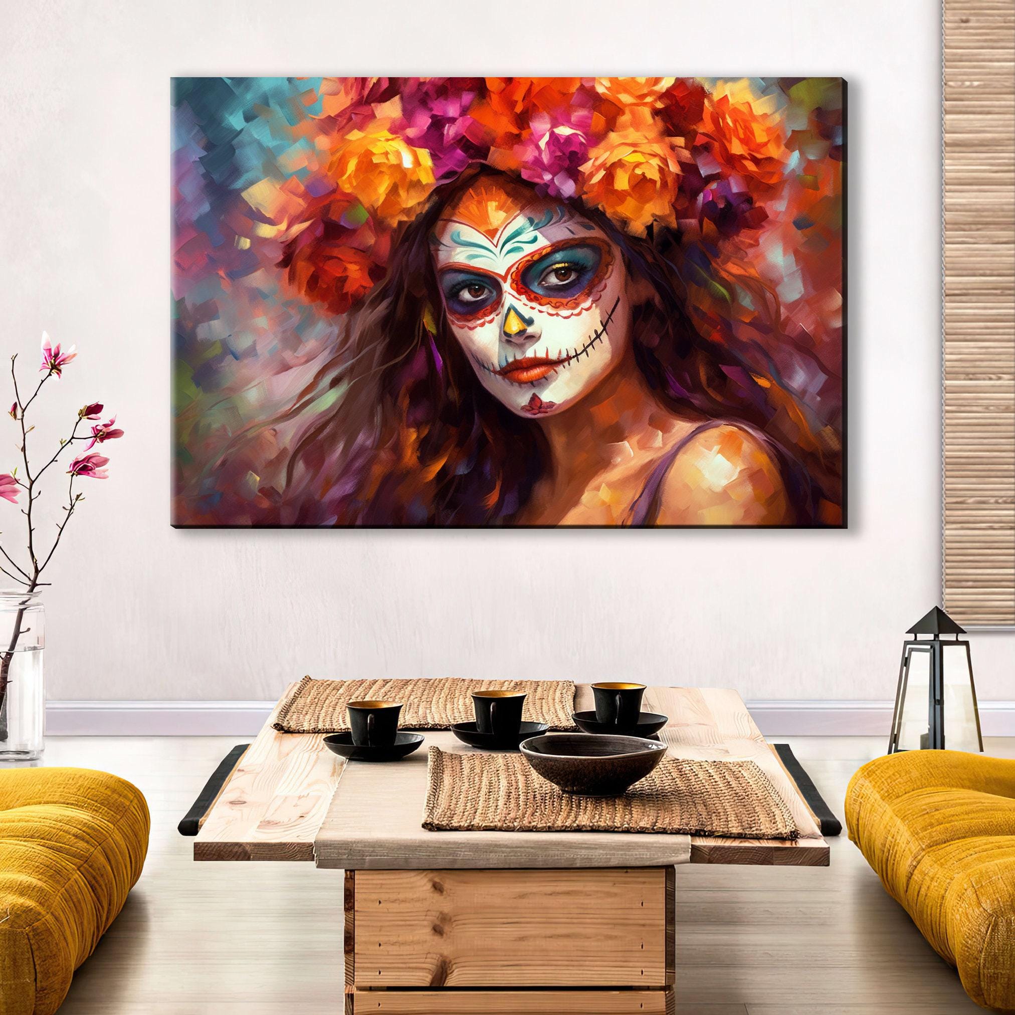 Day of the Dead Art - Mexican Woman Sugar Skull Canvas | Gallery Wrapped Large Floral Skull Decor