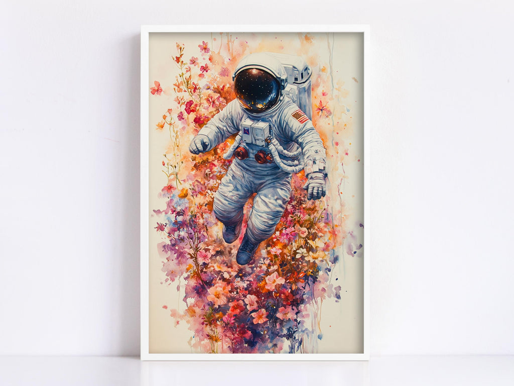 an astronaut floating in space, surrounded by a colorful floral background.