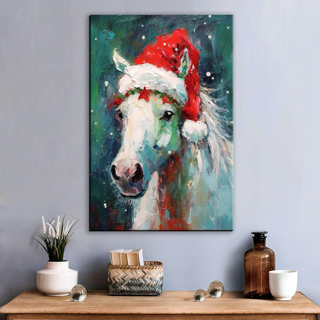 Horse Christmas Canvas - Festive Horse Painting on Gallery Wrapped Canvas for Holiday Home Decor