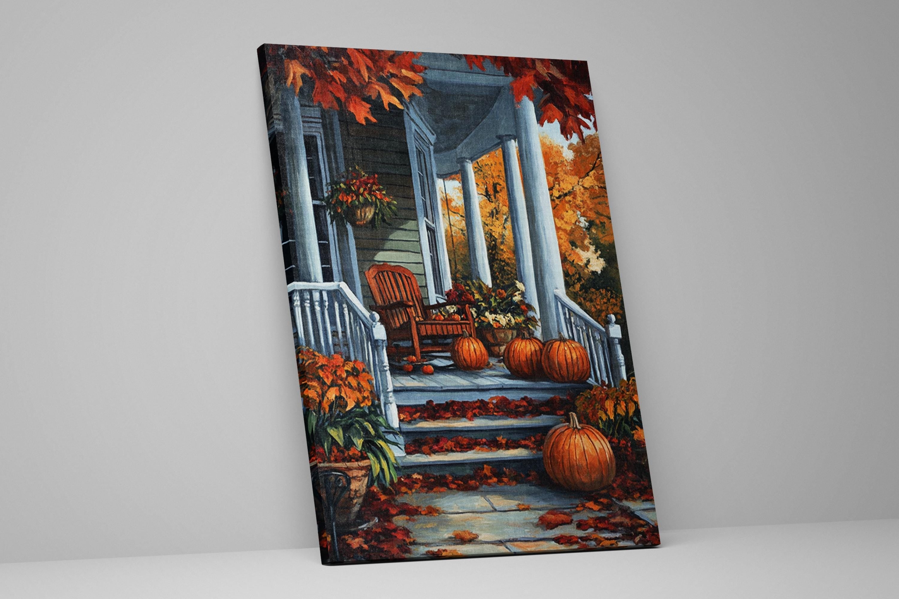 a porch with a wooden railing and columns, surrounded by a variety of autumn-themed decorations, including potted plants, pumpkins, and fall foliage.