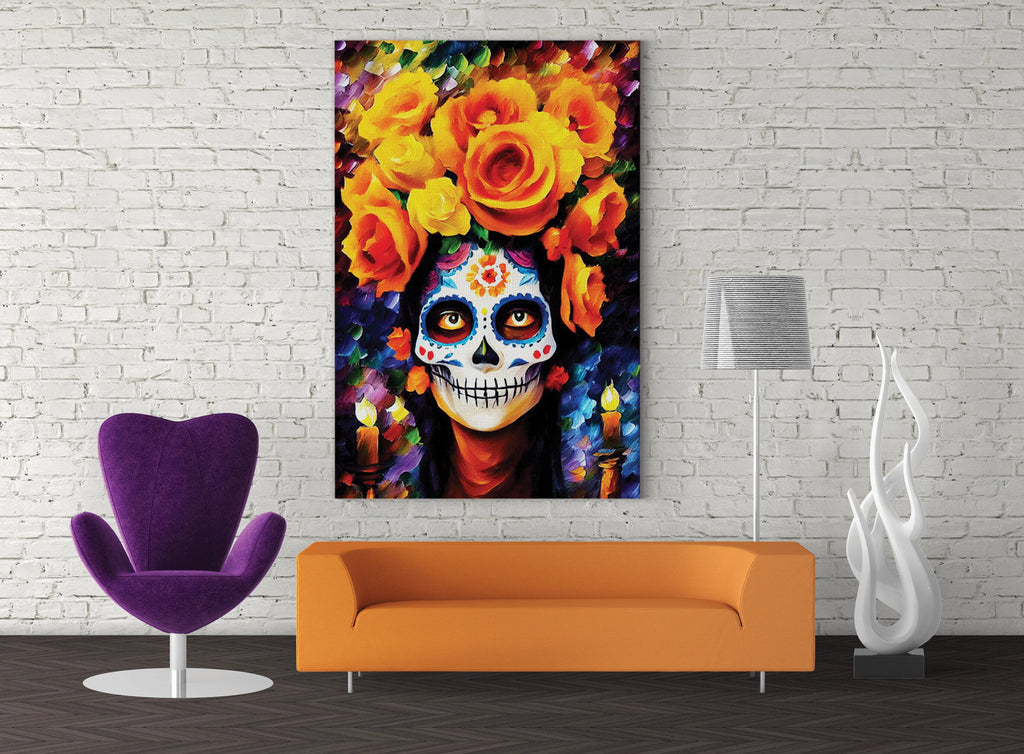 Dia De Los Muertos Canvas – Vibrant Sugar Skull Painting on Gallery Ready Wooden Frame