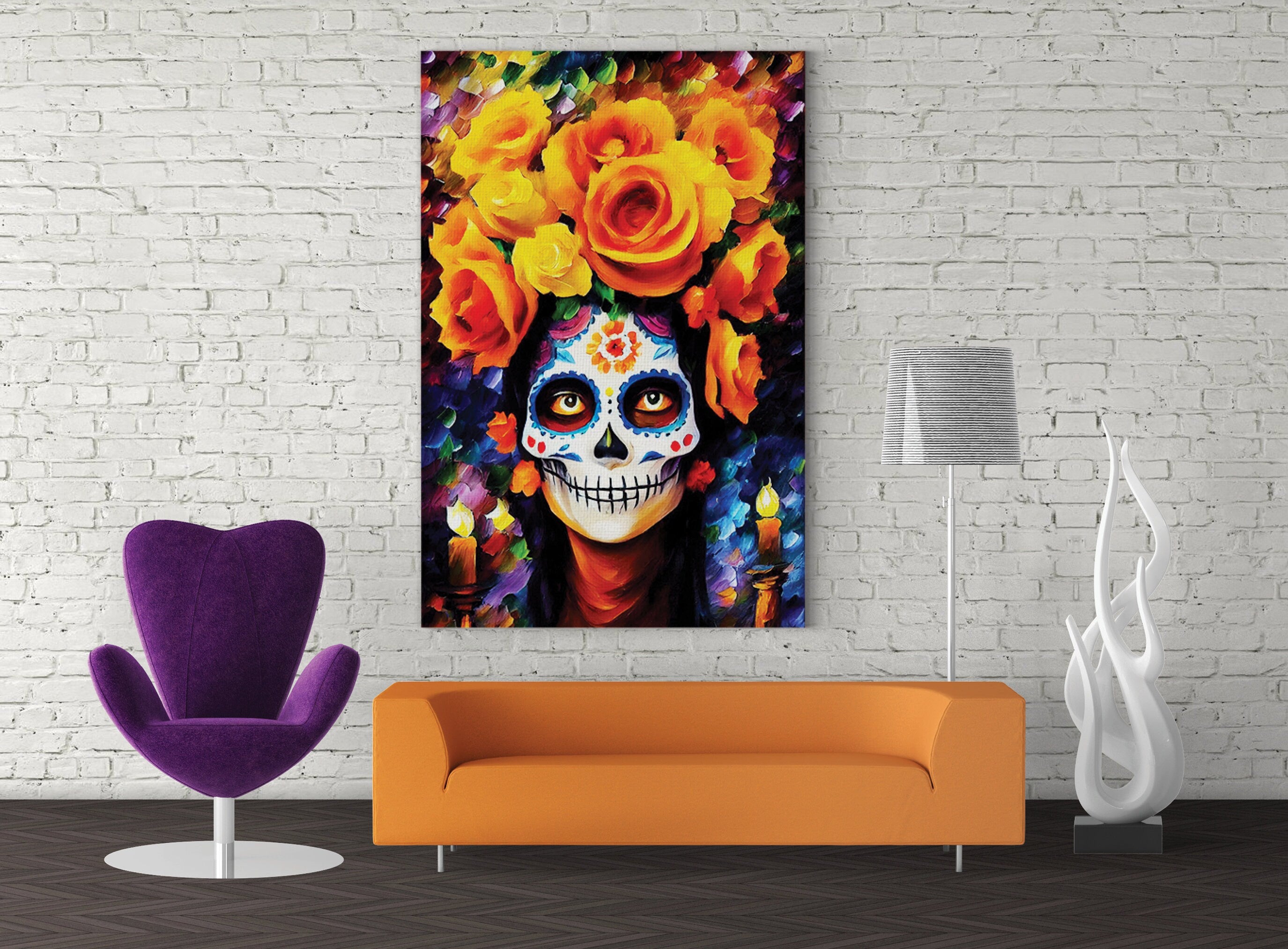 Dia De Los Muertos Canvas – Vibrant Sugar Skull Painting on Gallery Ready Wooden Frame