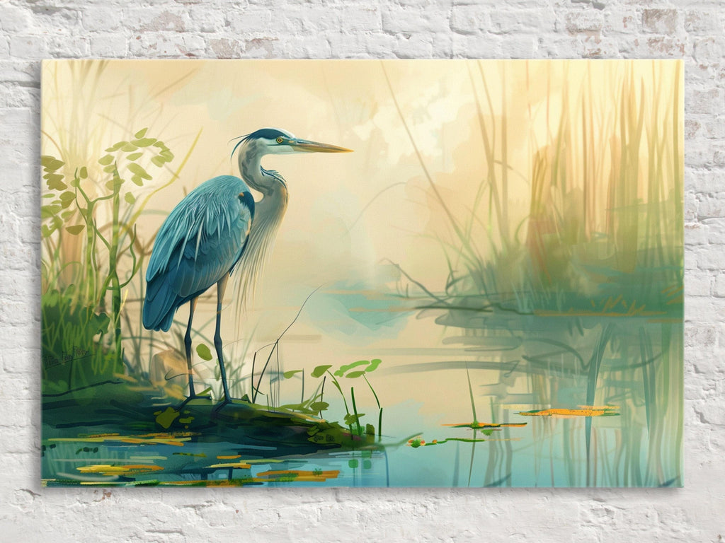 Blue Heron Wall Art – Large Canvas Print | Misty Morning Coastal Decor