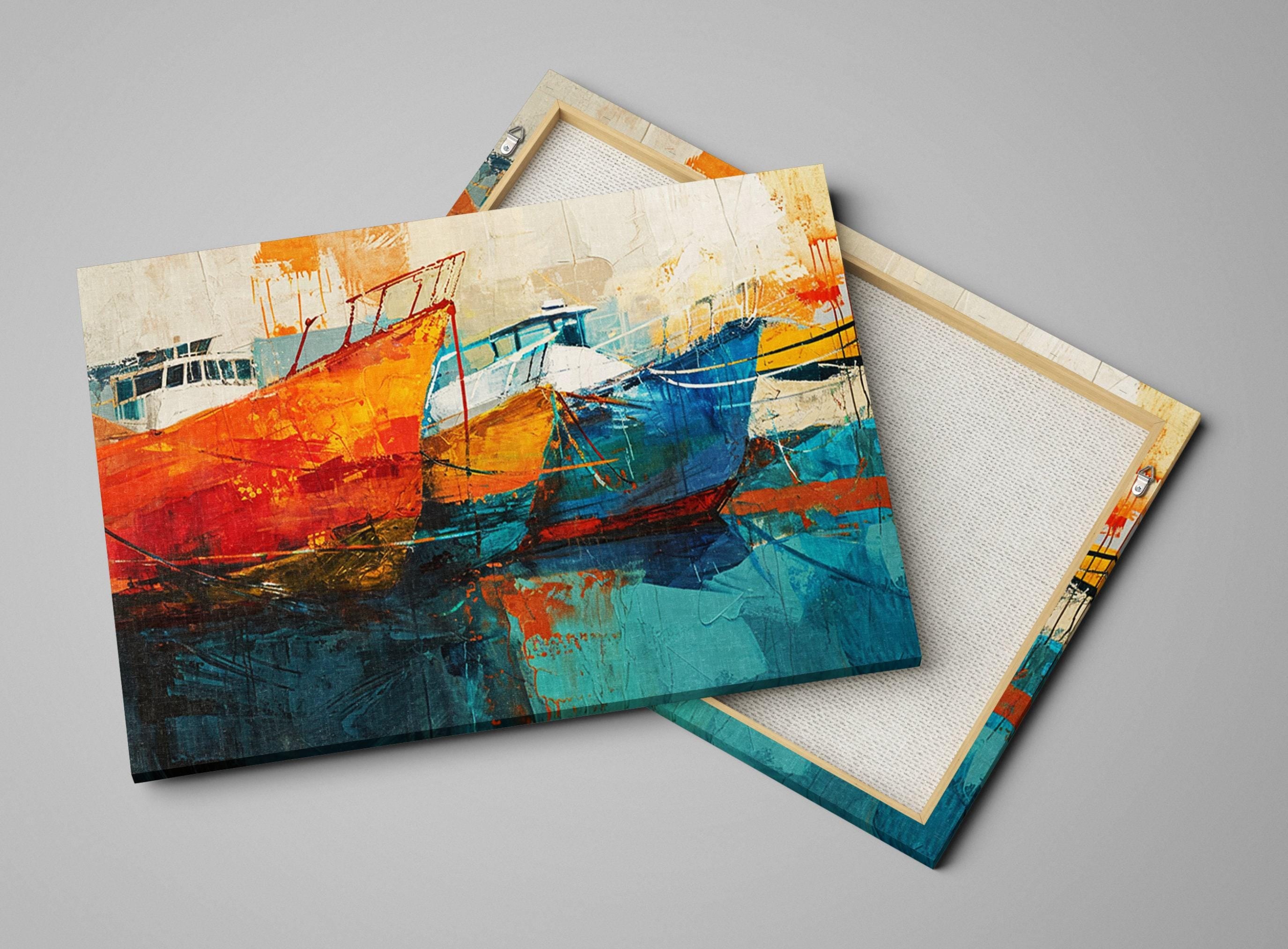 Nautical Canvas Art - Large Sailboat Canvas Print | Blue Orange Harbor Scene