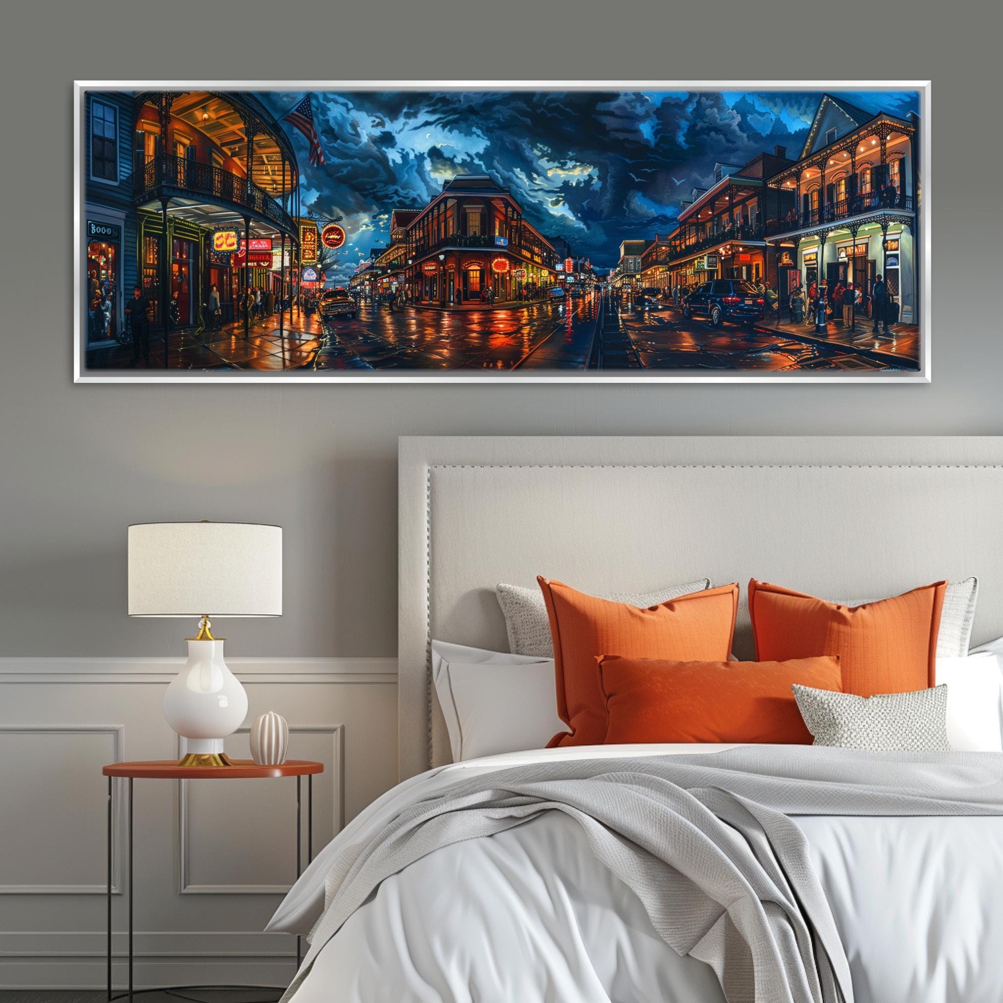 a bedroom with a large painting on the wall