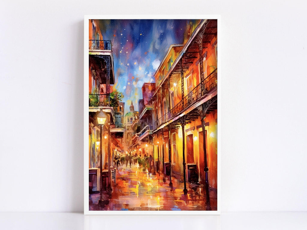Bourbon Street Lights Watercolor – NOLA Wall Art, Giclee Print on Canvas, Artist Paper, Watercolor Paper, Available in Extra Large Sizes