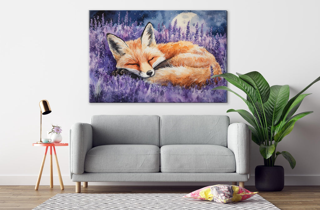 a cozy living room with a gray sofa, a potted plant, and a painting of a sleeping fox in a field of purple flowers hanging on the wall.