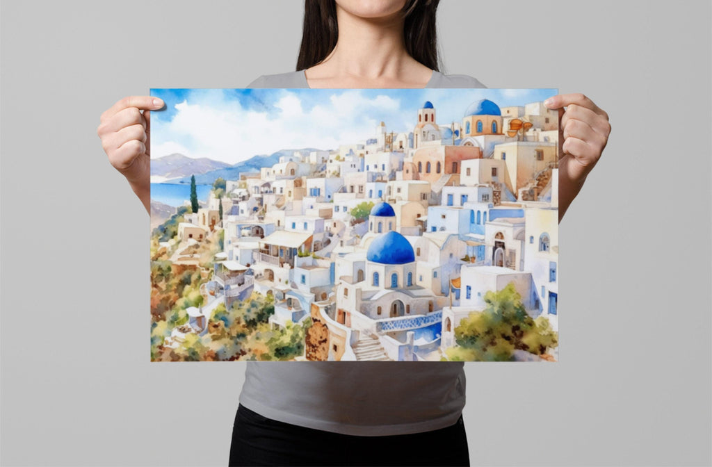 Mediterranean Dream: Santorini Greece Seascape Print, Giclee Print on Canvas, Artist Paper, Watercolor Paper, Available in Extra Large Sizes