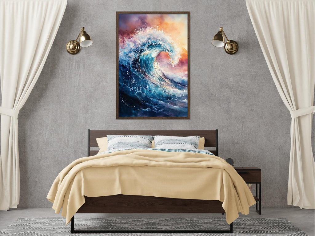 a bedroom with a large bed, a nightstand, and a painting of a crashing wave hanging on the wall above the bed.