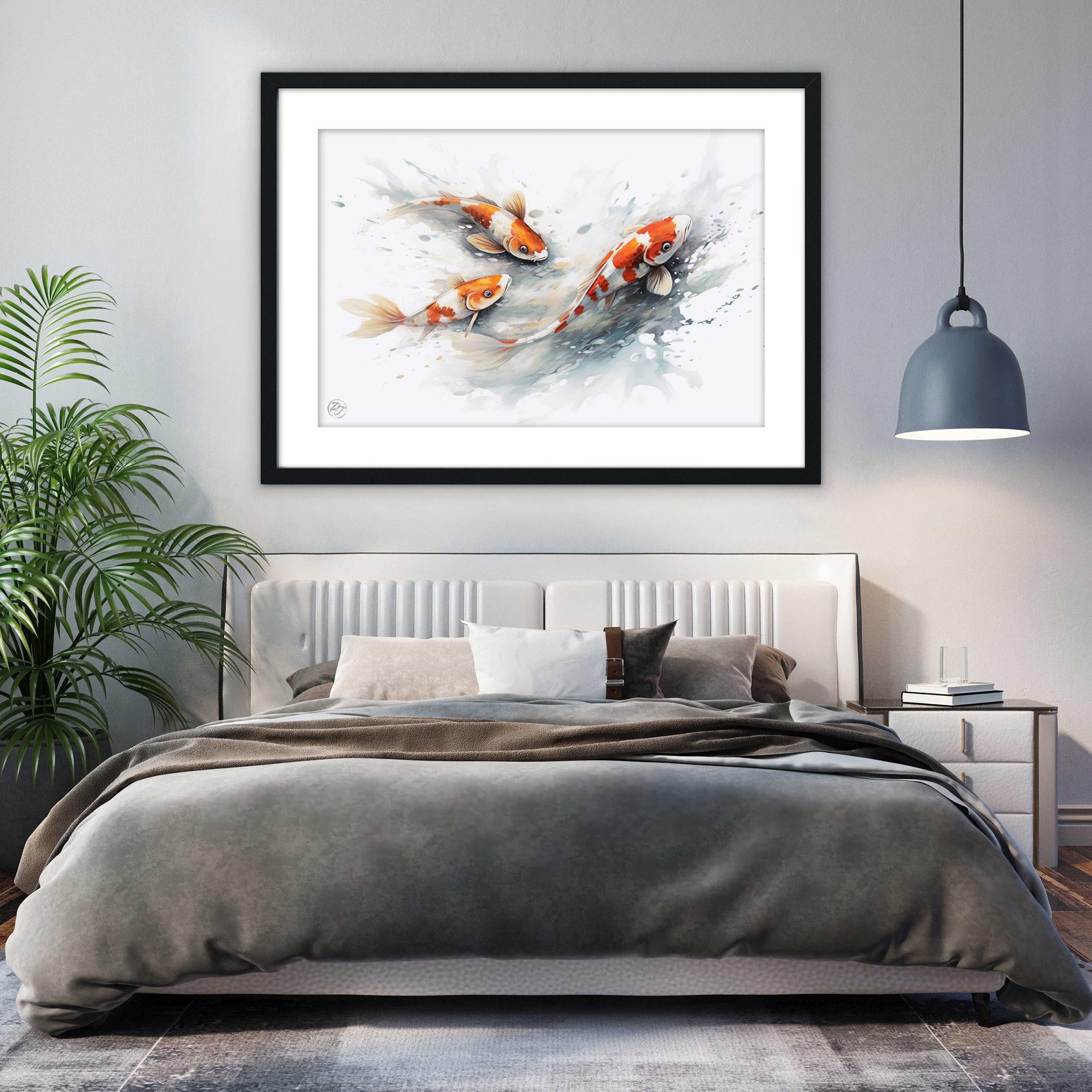 Serene Koi Fish Watercolor Wall Art - Giclee Print on Canvas, Artist Paper, Watercolor Paper, Available in Extra Large Sizes