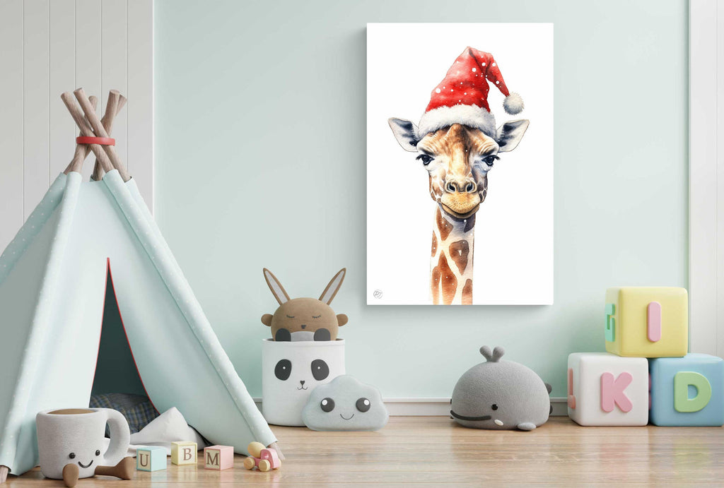 Festive Giraffe in Santa Hat Watercolor Art Print, Giclee Print on Canvas, Artist Paper, Watercolor Paper, Available in Extra Large Sizes