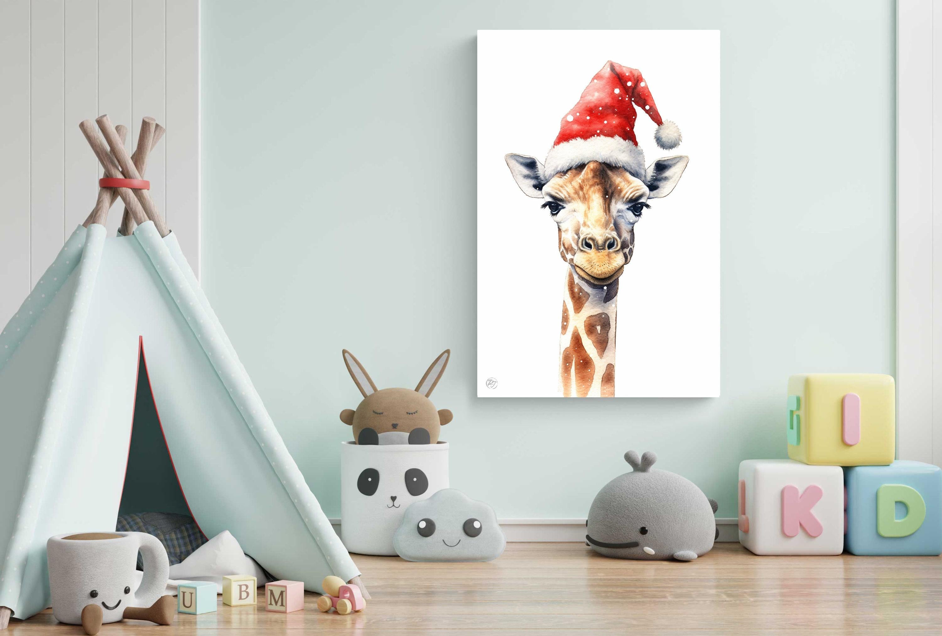 Festive Giraffe in Santa Hat Watercolor Art Print, Giclee Print on Canvas, Artist Paper, Watercolor Paper, Available in Extra Large Sizes