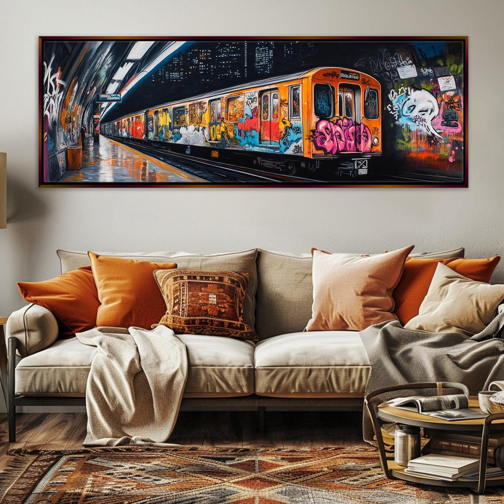 a living room with a couch and a painting on the wall
