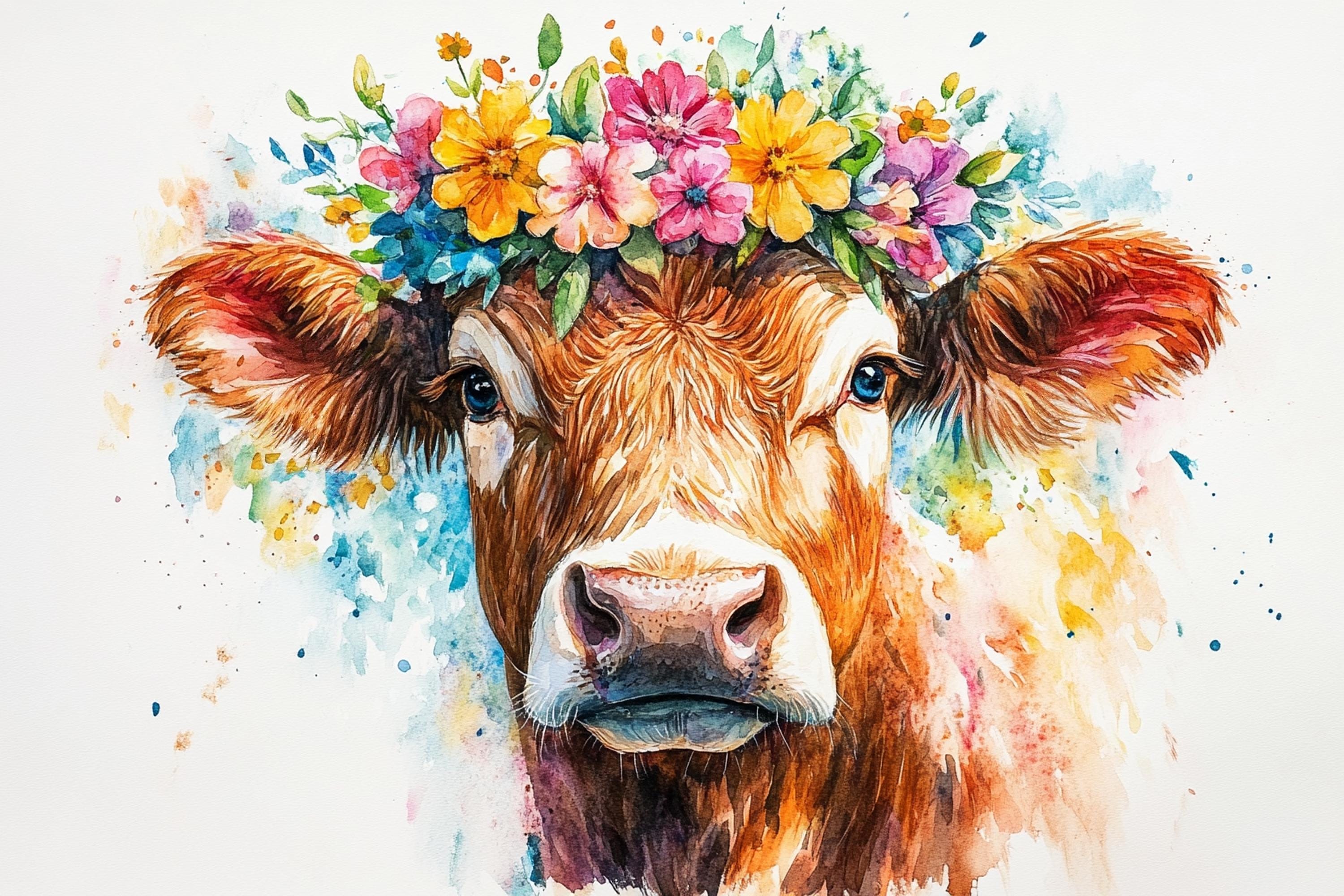 A watercolor painting of a cow wearing a colorful floral crown.