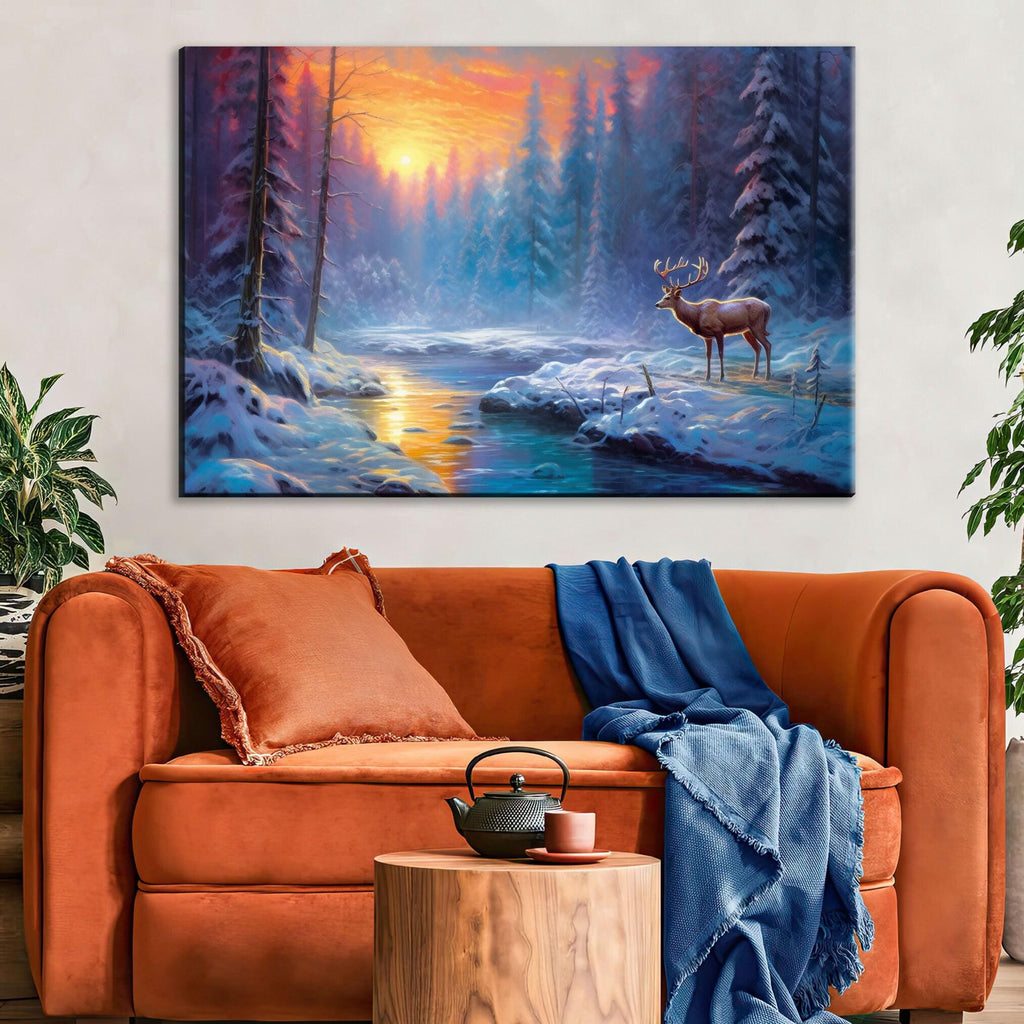 Winter Elk Canvas Art - Large Giclee Print | Rustic Winter Landscape Decor