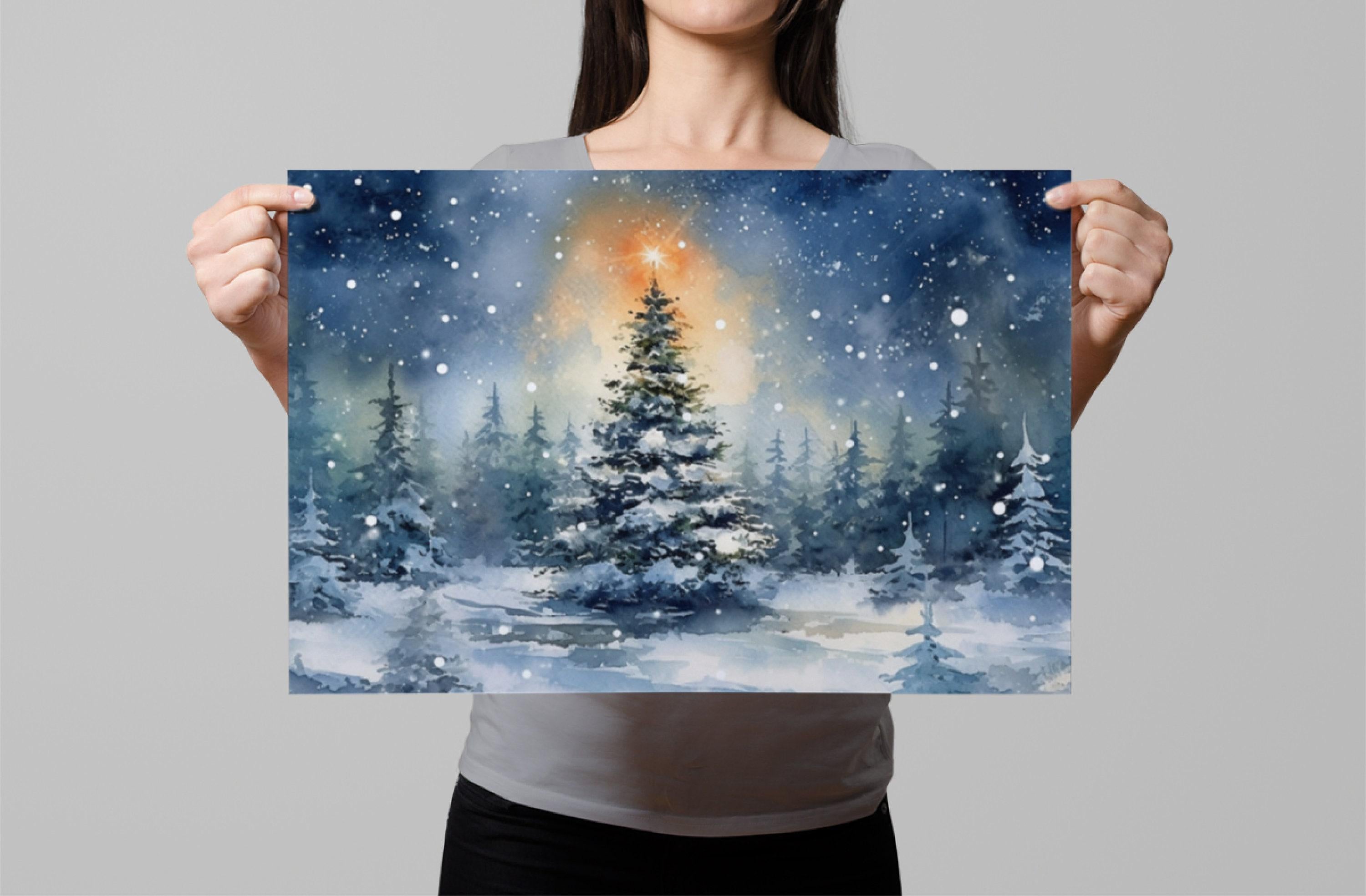 Beautiful Christmas Tree Winter Scene - Watercolor Painting, Print on Canvas, Artist Paper, Watercolor Paper, Available in Extra Large Sizes