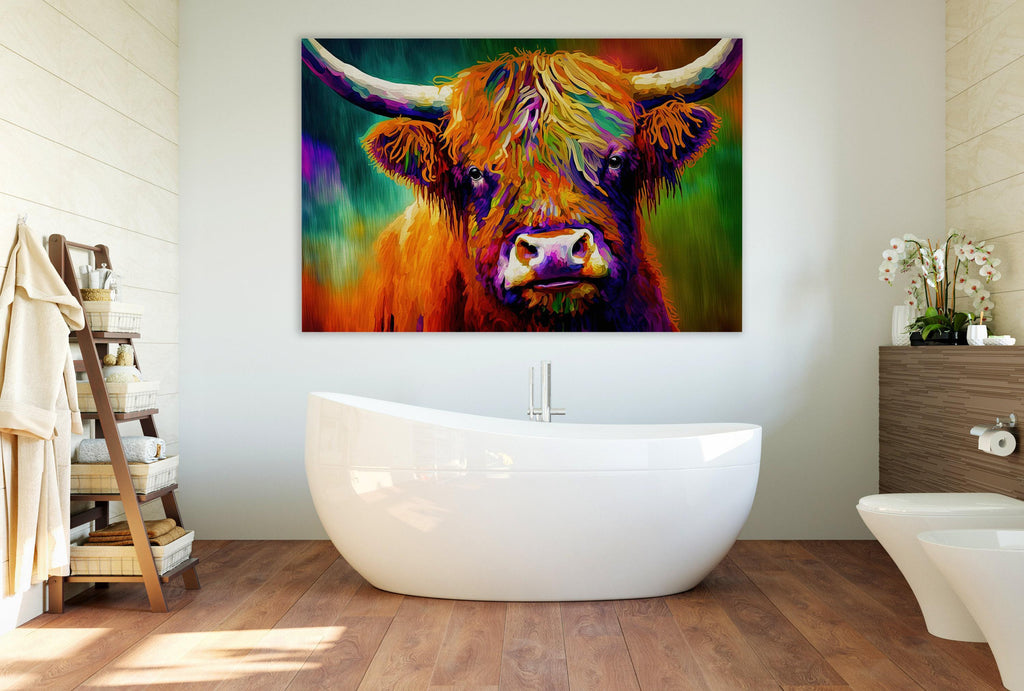 Highland Cow Canvas - Colorful Farmhouse Wall Art With Vibrant Rustic Decor