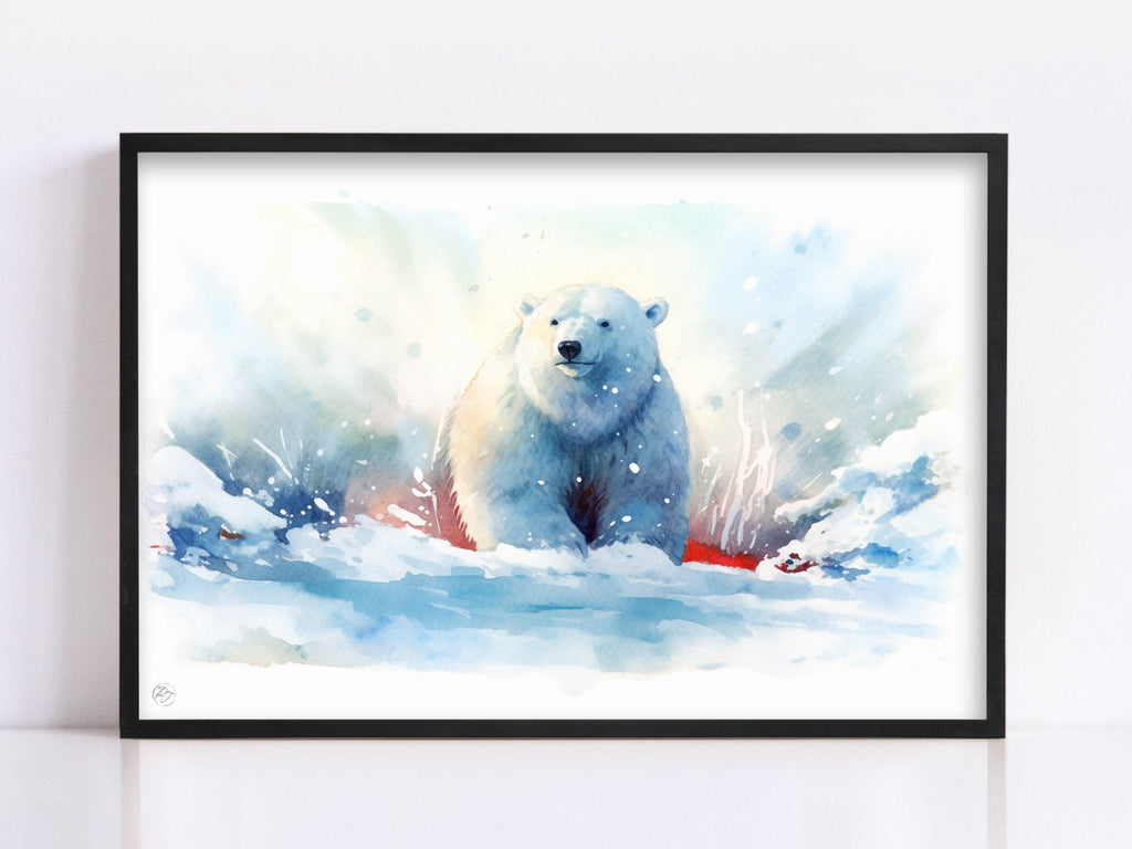 Icy Wonderland: Polar Bear Watercolor Painting - Giclee Print on Canvas, Artist Paper, Watercolor Paper, Available in Extra Large Sizes