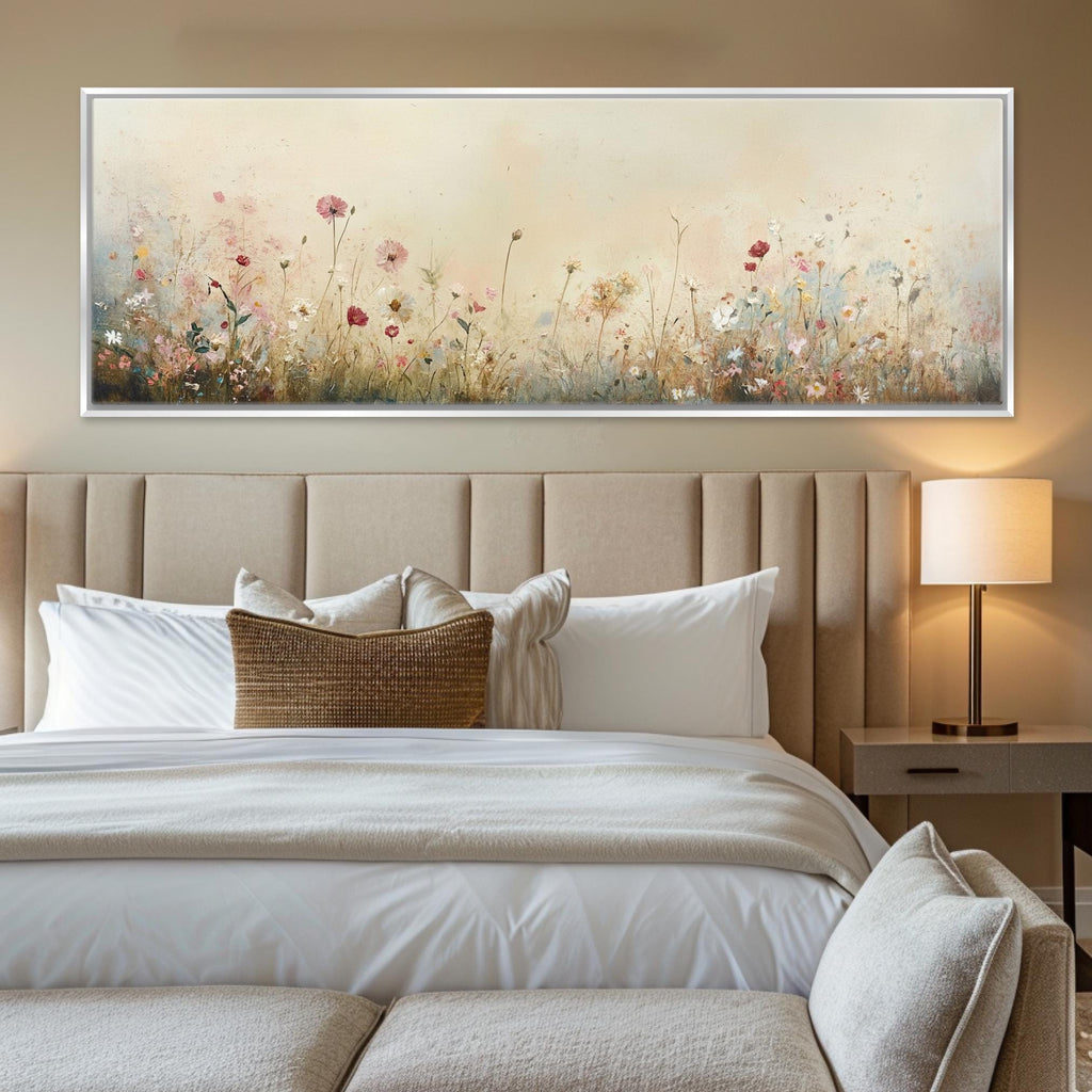 a bedroom with a large painting on the wall above the bed