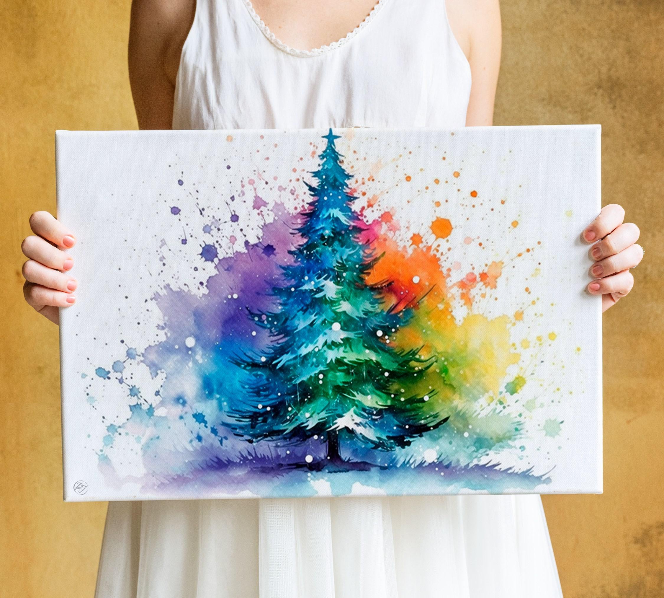 Christmas Tree Colorful Watercolor - Holiday Wall Decor, Print on Canvas, Artist Paper, Watercolor Paper, Available in Extra Large Sizes
