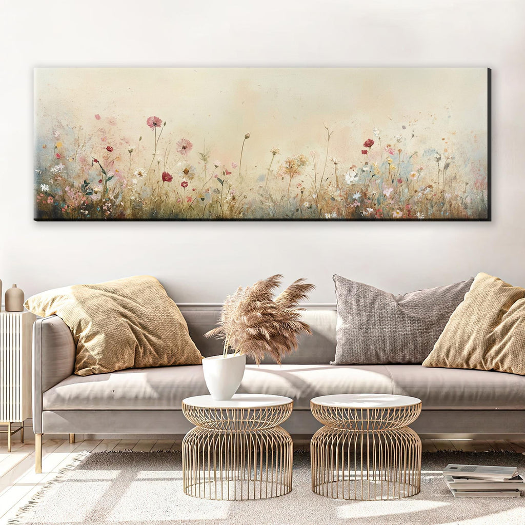 a living room with a couch and a painting on the wall