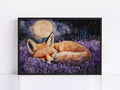 A painting of a sleeping fox curled up in a field of purple flowers, with a full moon and stars in the night sky.