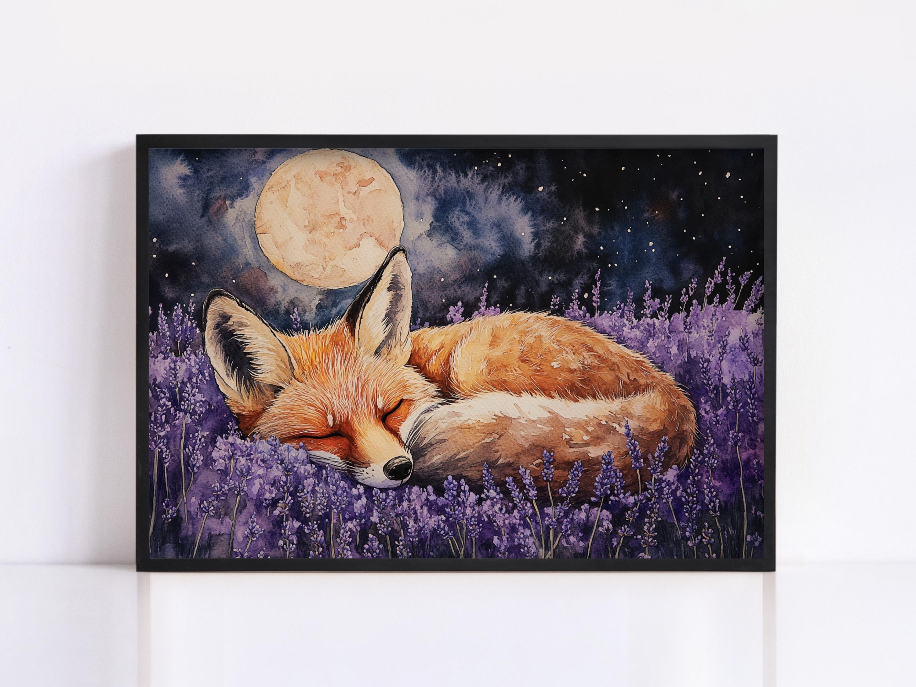 A painting of a sleeping fox curled up in a field of purple flowers, with a full moon and stars in the night sky.