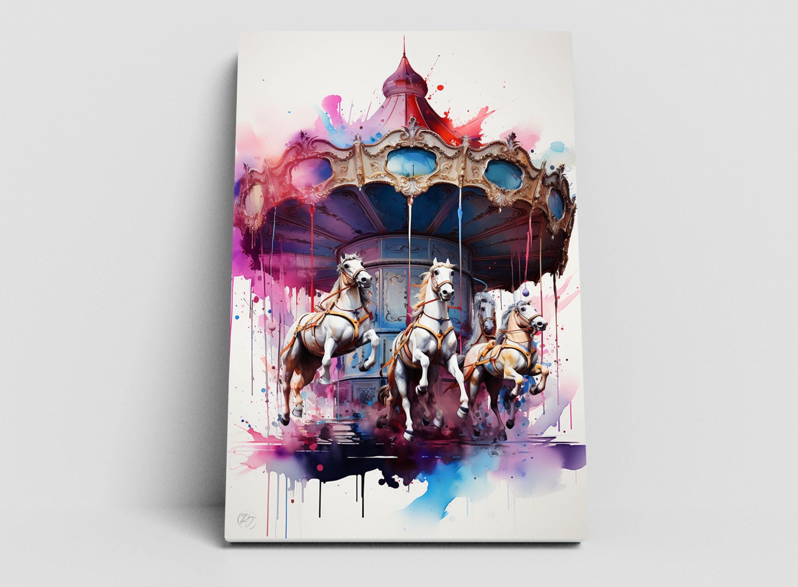 Whimsical Carousel: Watercolor Carnival Wall Art, Giclee Print on Canvas, Artist Paper, Watercolor Paper, Available in Extra Large Sizes