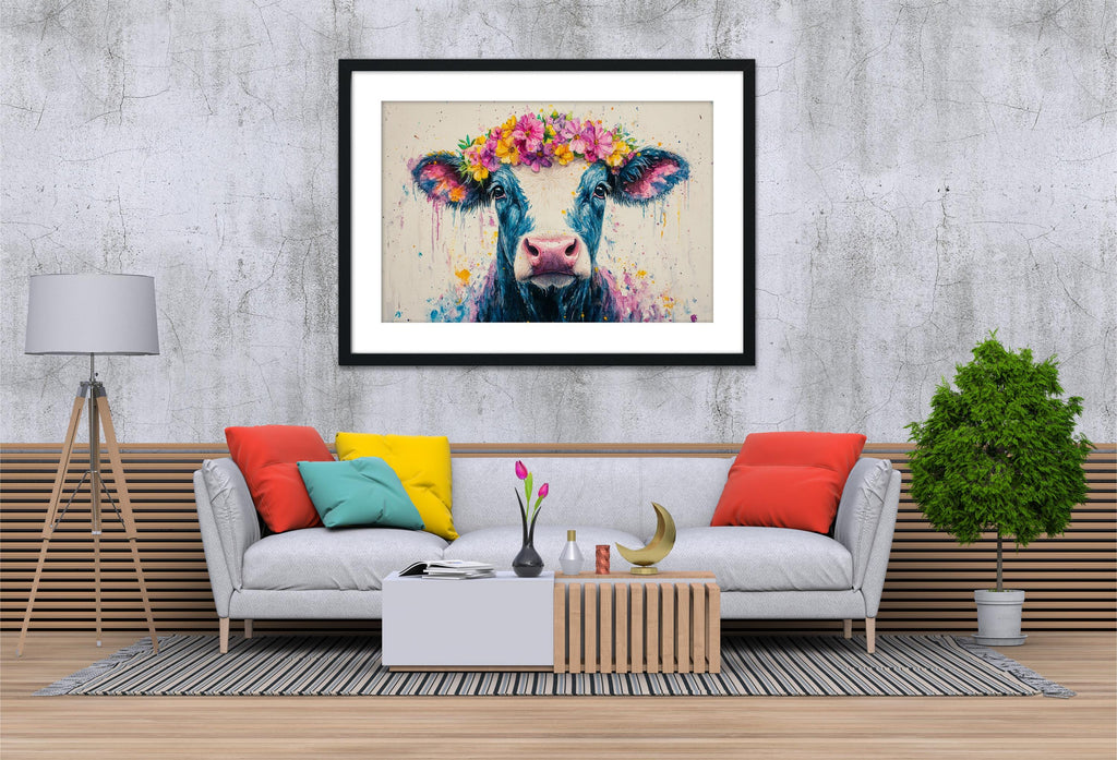 a modern living room with a gray sofa, a wooden coffee table, and a potted plant. Above the sofa, there is a framed painting of a cow with a flower crown on its head.