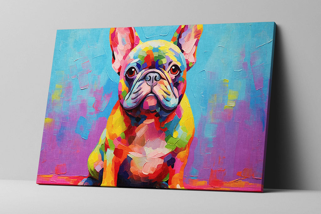 A vibrant, colorful painting of a French Bulldog, with bold and vivid hues that make the dog stand out prominently in the artwork.