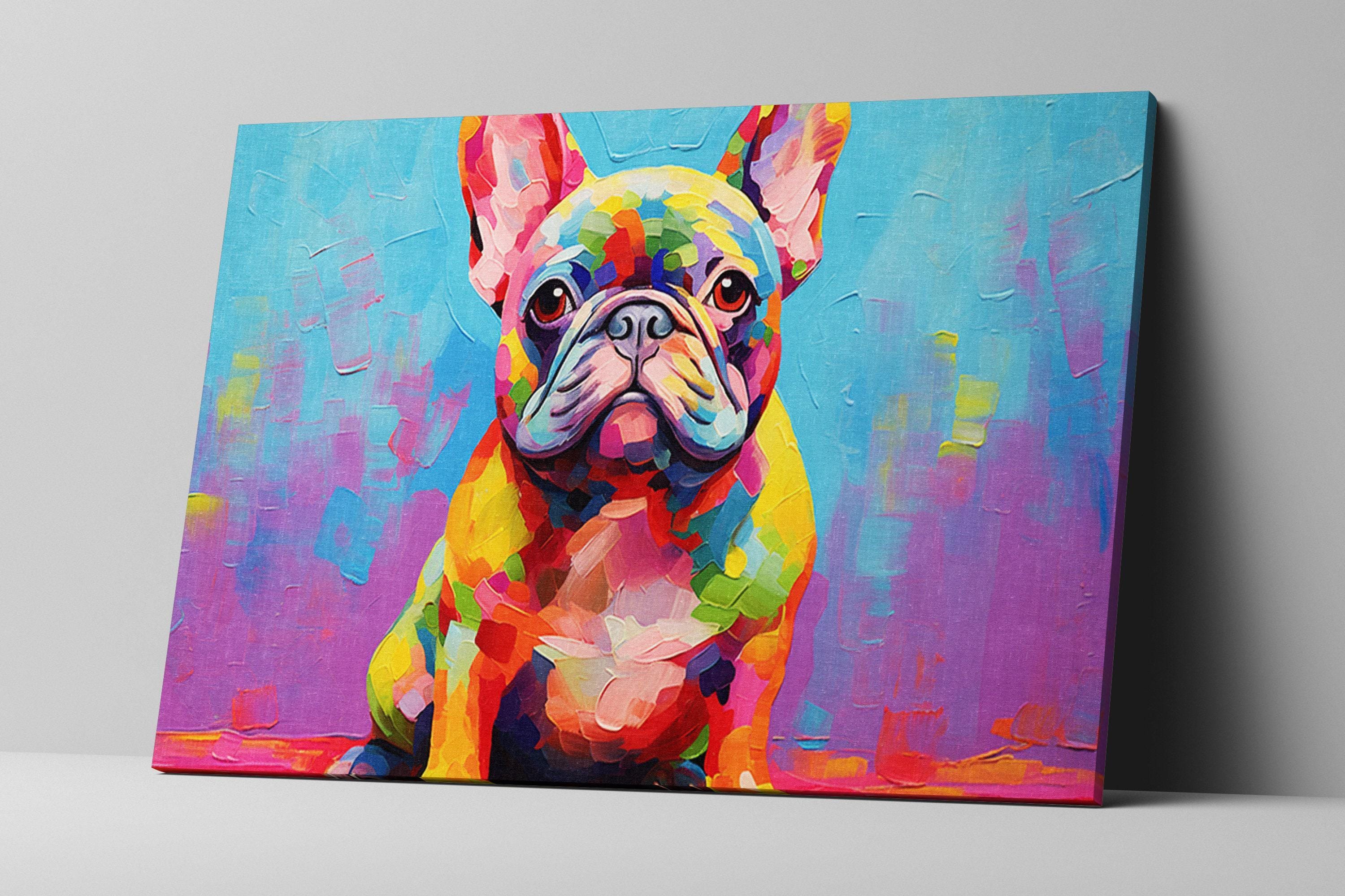 A vibrant, colorful painting of a French Bulldog, with bold and vivid hues that make the dog stand out prominently in the artwork.