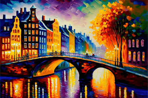 Amsterdam Canvas Art – Bridges of Amsterdam Vibrant Cityscape Painting on Gallery Ready Canvas