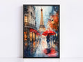 A watercolor painting depicting a rainy scene in Paris, with the Eiffel Tower in the background and a person walking with a red umbrella on the street.