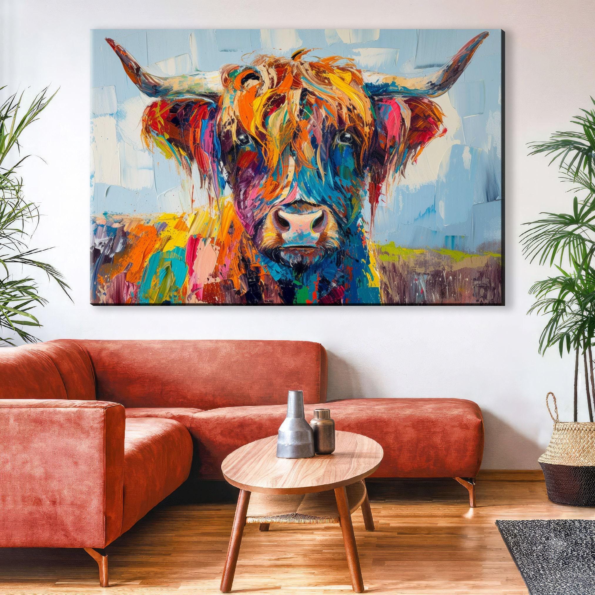 Highland Cow Canvas - Rustic Farmhouse Wall Art | Extra Large Gallery Wrapped Print