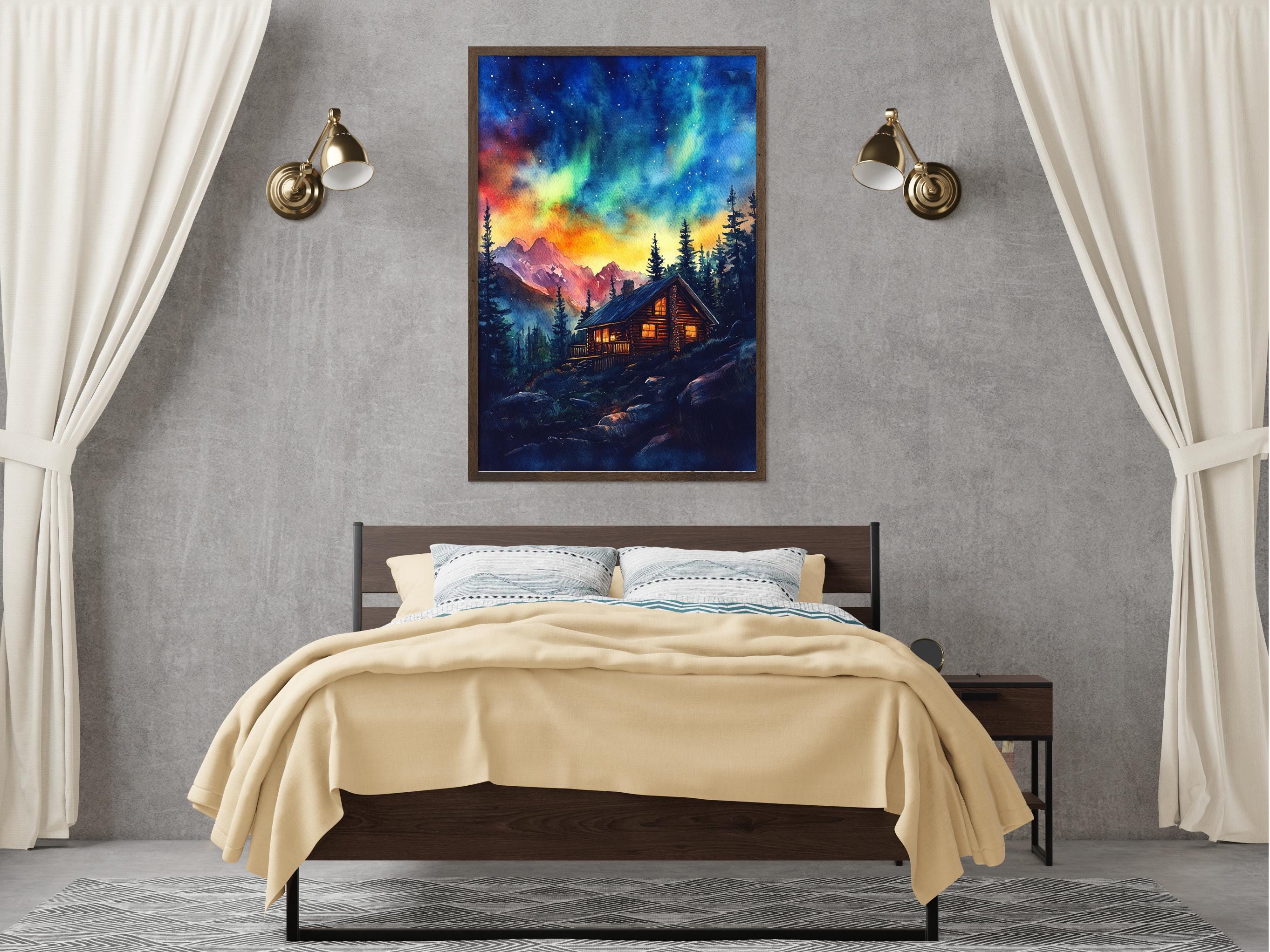 a bedroom with a large bed, a nightstand, and a painting of a cabin with a starry night sky above it. The painting is hanging on the wall above the bed.