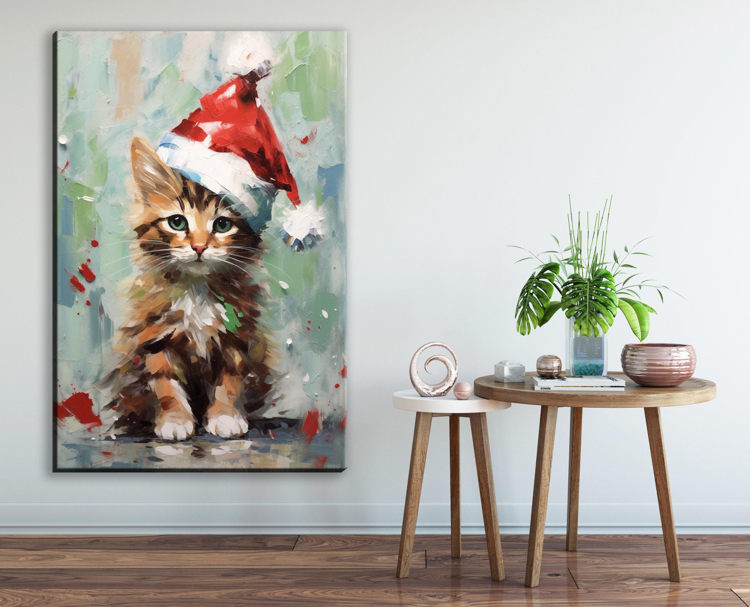 Santa Hat Kitten Painting - Festive Christmas Canvas Art | Gallery Wrapped Giclee Print