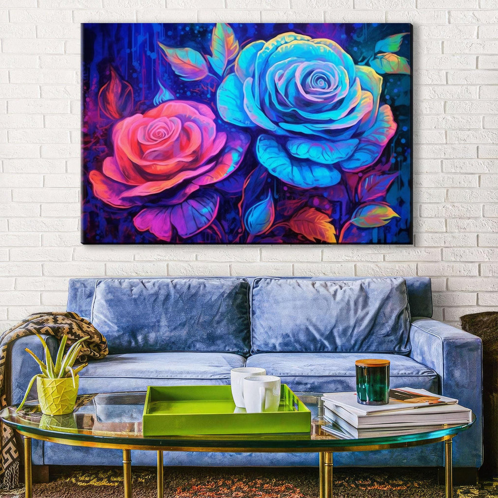 Neon Oil Painting - Large Canvas Wall Art | Colorful Roses Art, Blacklight Style