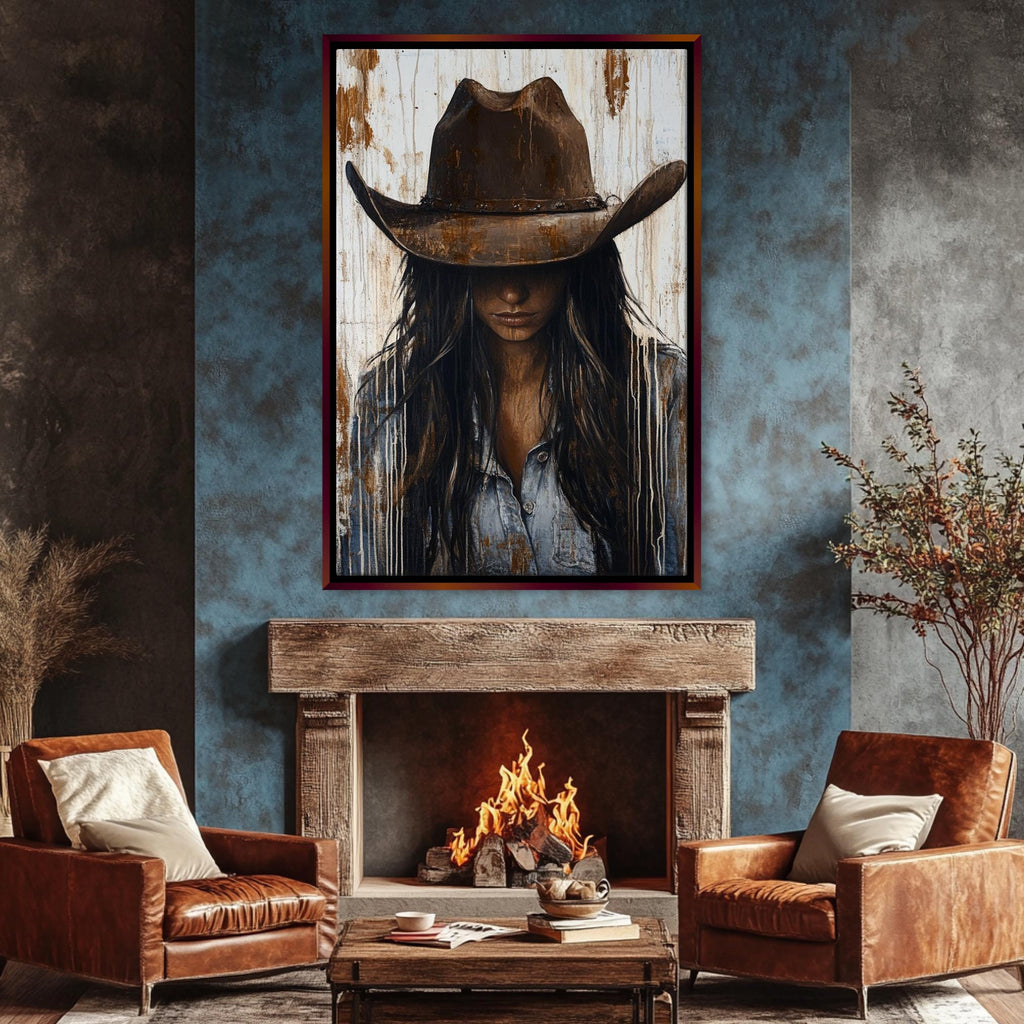 a living room with a fire place and a painting on the wall