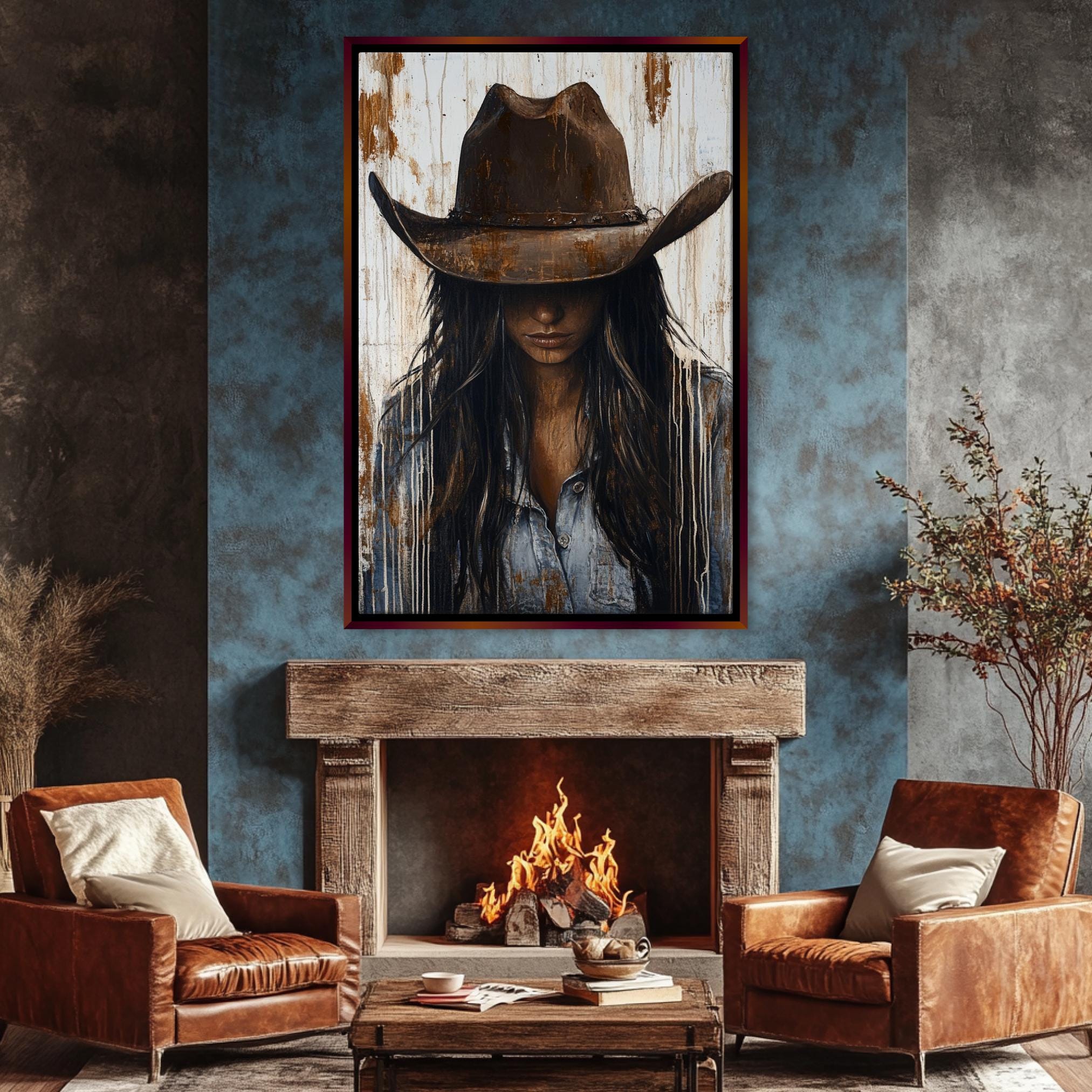 a living room with a fire place and a painting on the wall