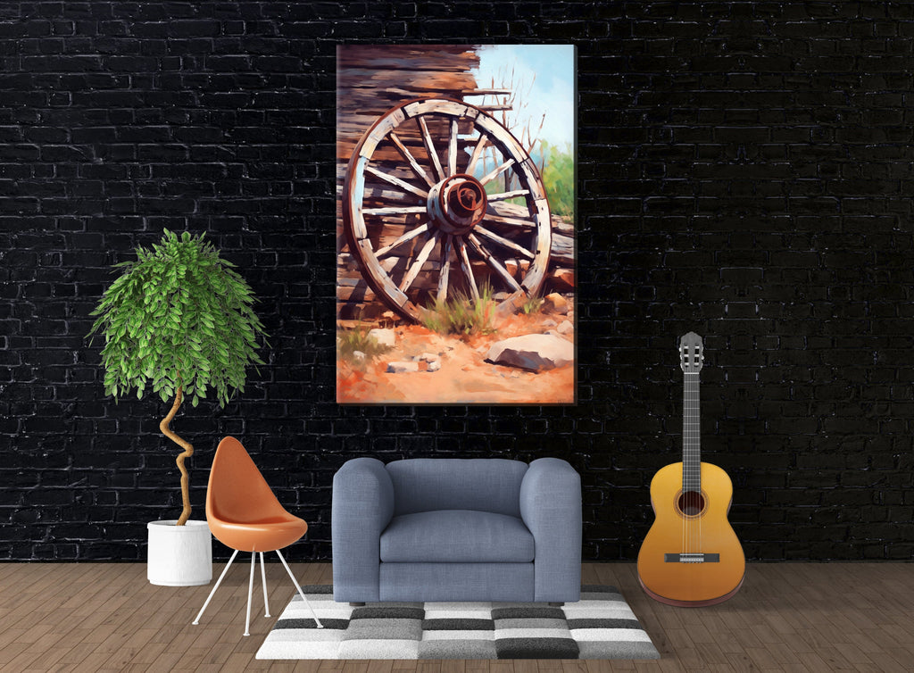 Wagon Wheel Painting - Vintage Rustic Canvas Wall Art | Gallery Wrapped Ready to Hang