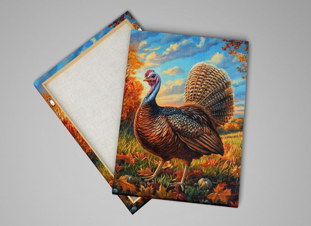 a painting of a turkey in a field with autumn foliage in the background.