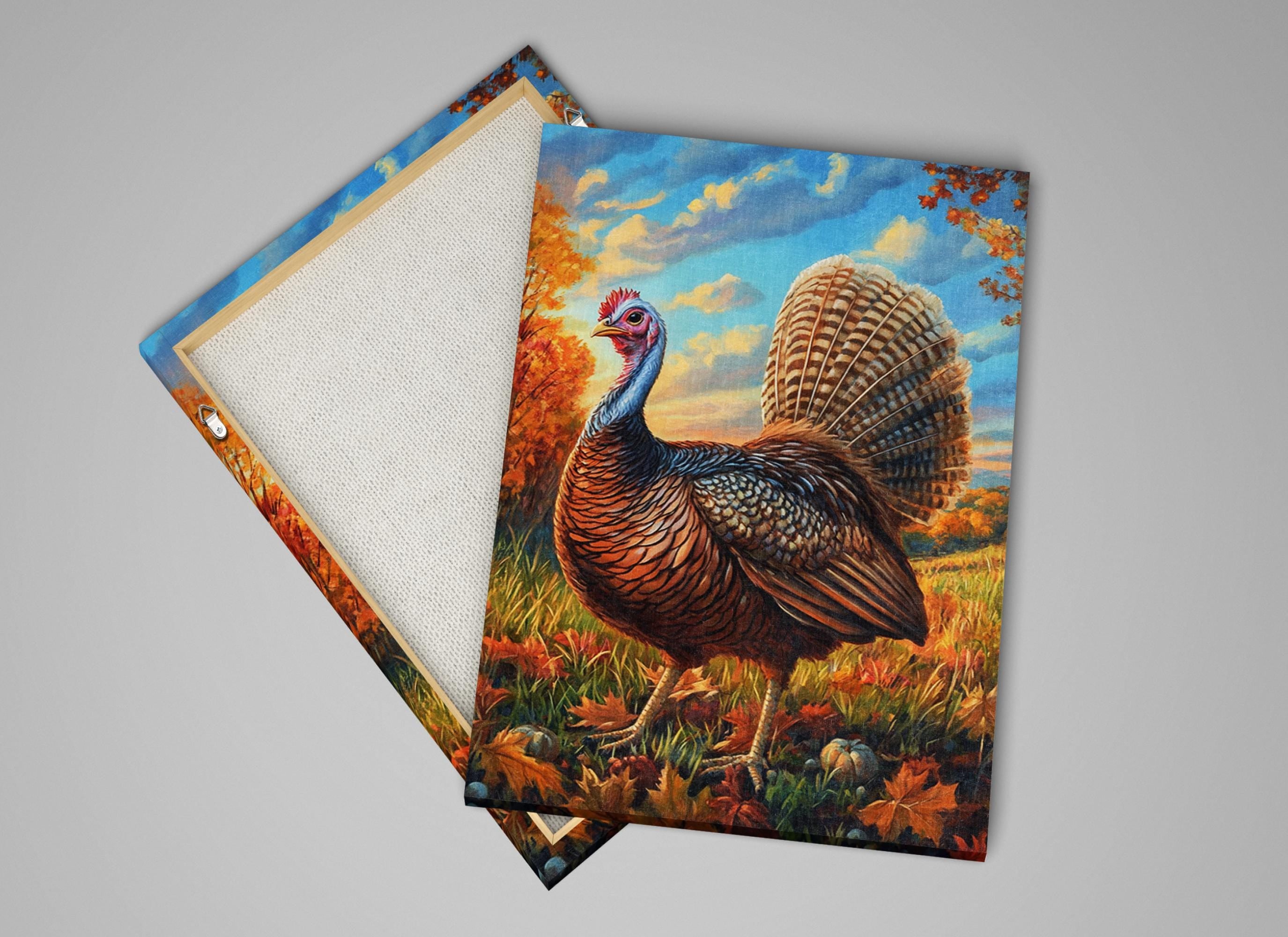 a painting of a turkey in a field with autumn foliage in the background.