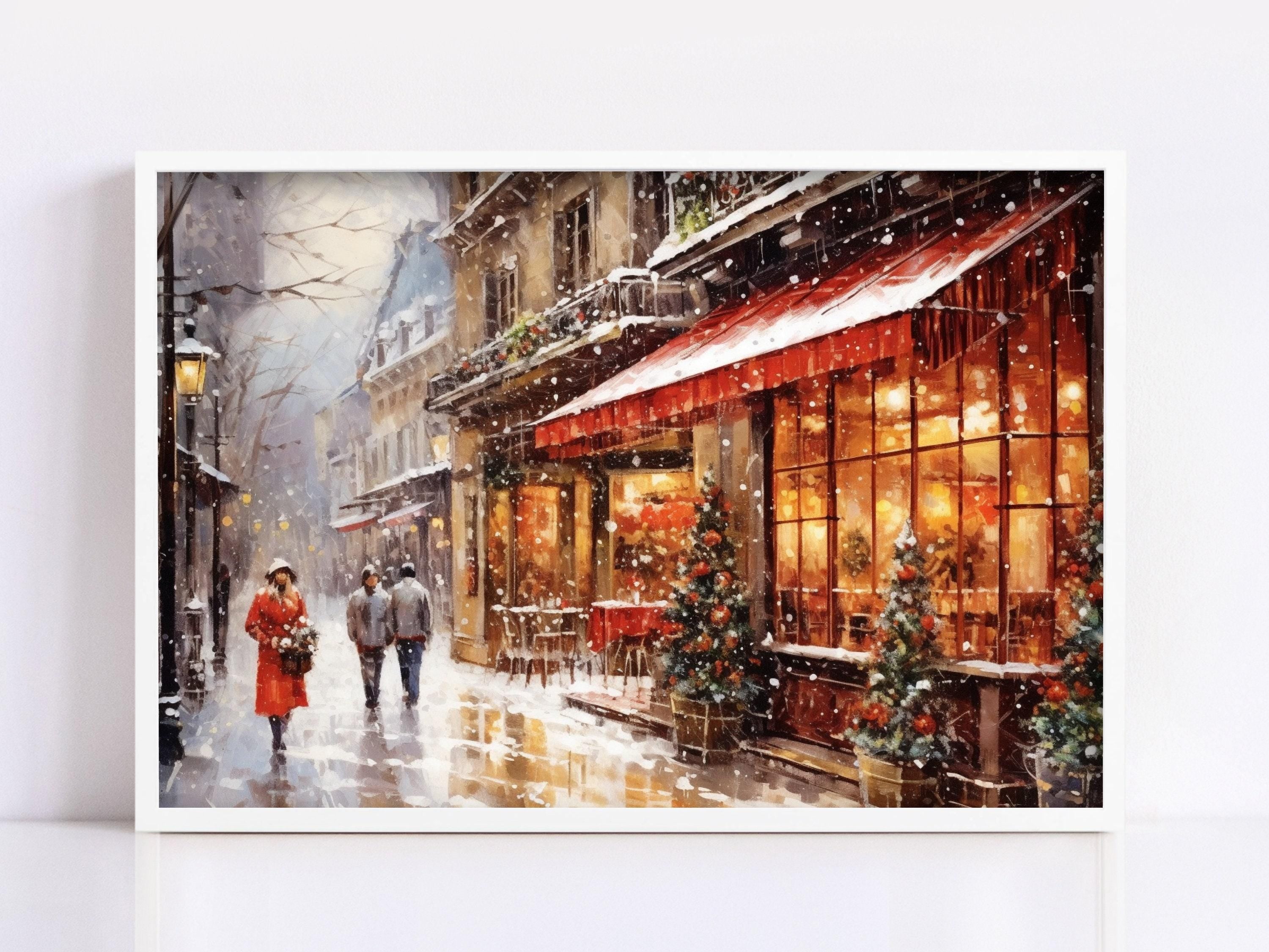 Winter Cityscape Watercolor - Holiday Home Decor, Giclee Print on Canvas, Artist Paper, Watercolor Paper, Available in Extra Large Sizes